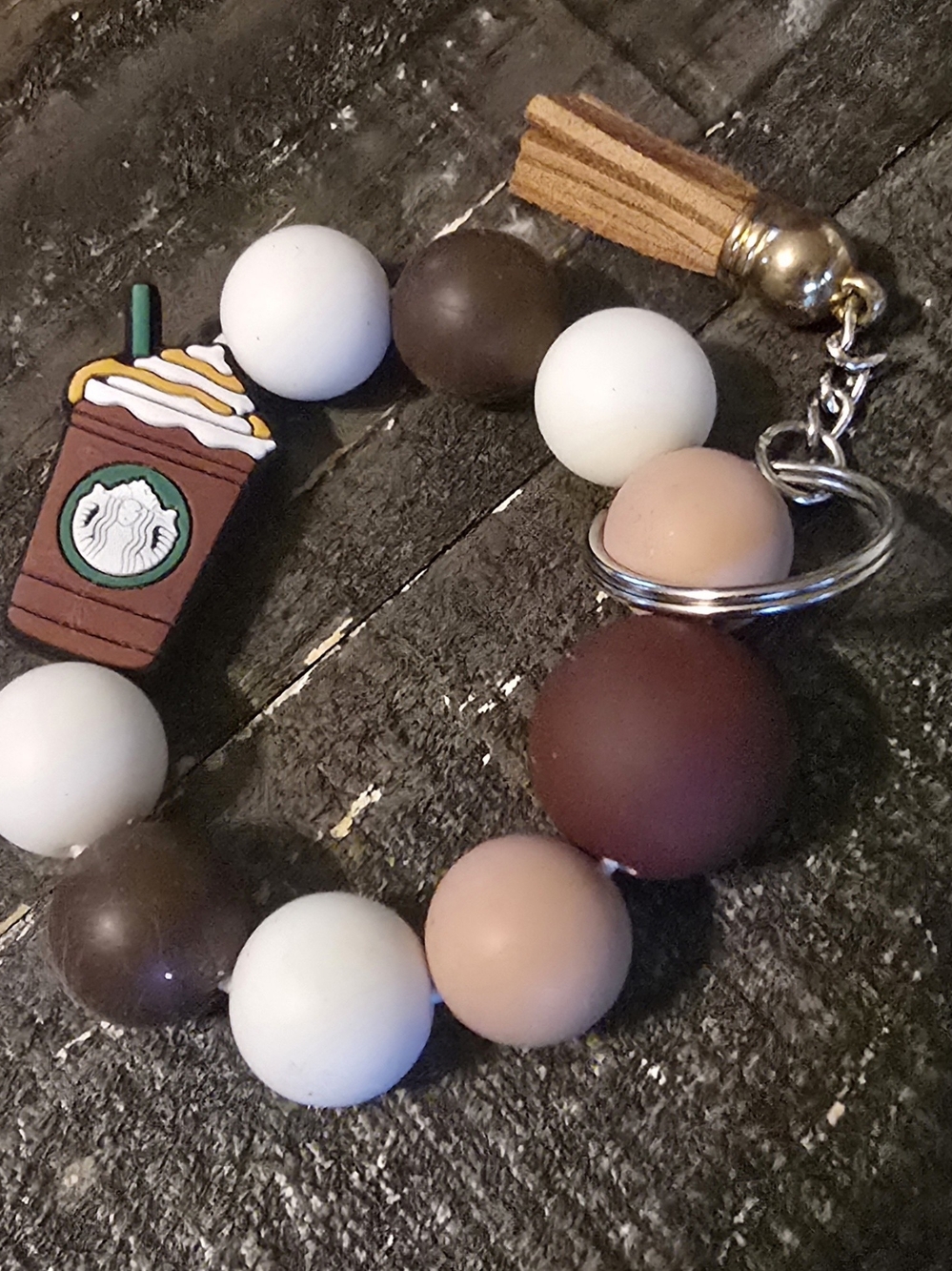 Beaded Tassel Keychain with Coffee Cup Charm - Neutral Mix